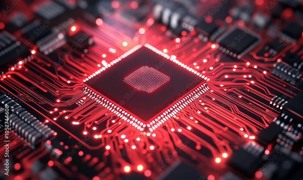 Poster microchip glowing in dark red colors. technological and futuristic background