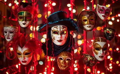 Obraz premium A collection of colorful carnival masks hanging against a backdrop of twinkling lights.