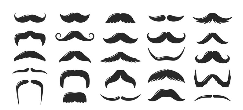 Set of vector illustrations of various mustache styles in black silhouettes. Includes a variety of shapes from classic curled mustaches to thick and wide types, ideal for design, icons, or templates