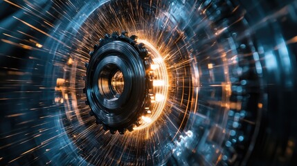 Obraz premium A metal gear spinning in a vortex of light and sparks.