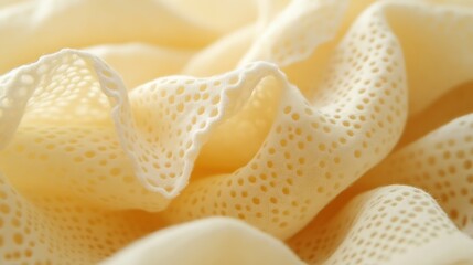 Fototapeta premium Delicate yellow lace fabric with intricate patterns and soft folds, AI