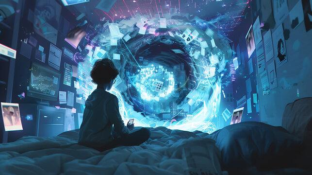 digital addiction, the scene shows a person getting sucked into a digital vortex from their phone, entering a surreal world with floating news articles, notifications, and social media icons backup