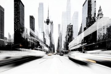 Manhattan street scene sketch with intricate details, high contrast black lines, white background