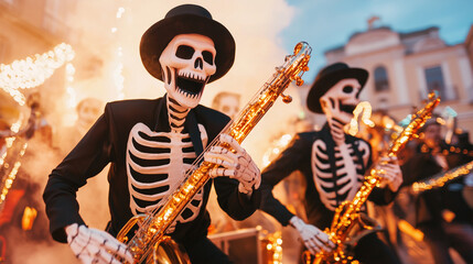 Halloween Band Performance in Skeleton Costumes