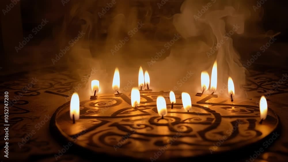 Poster several candles are burning on a round support decorated with esoteric symbols, while smoke progress