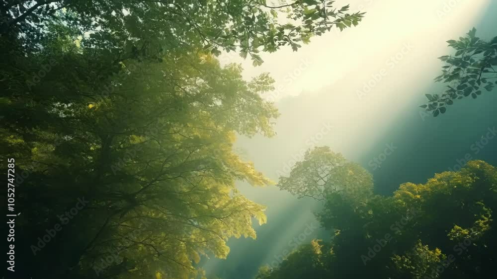 Poster golden sunlight streams through a dense forest canopy, creating an ethereal, dreamlike atmosphere wi