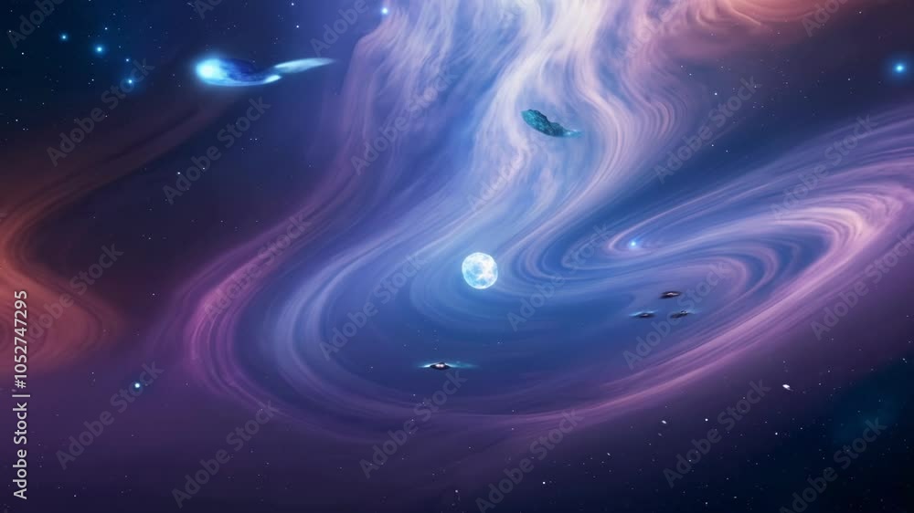 Poster Surreal animation of a comet approaching a black hole event horizon. A celestial object is slowly getting sucked into the vortex