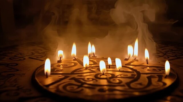 Several candles are burning on a round support decorated with esoteric symbols, while smoke progressively fills the room
