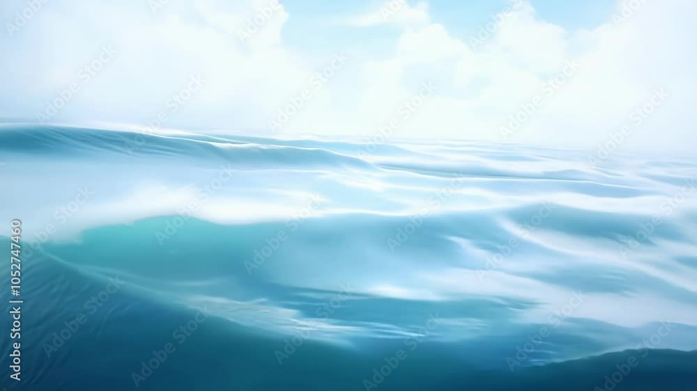 Poster surreal seascape showcases a calm ocean mirroring a cloudy sky, creating a tranquil atmosphere. the 