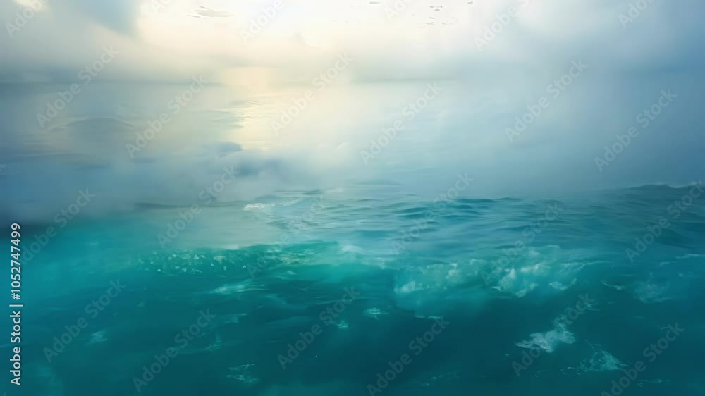 Aufkleber Surreal imagery showcases an ocean transitioning from above the surface to below, featuring clouds reflected in the water, creating a captivating interplay of light and color