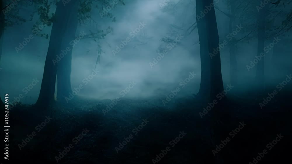 Poster Eerie moonlight filters through the branches of trees in a foggy forest, creating a mysterious atmosphere. Shadows dance among the mist, enhancing the surreal and spooky ambiance