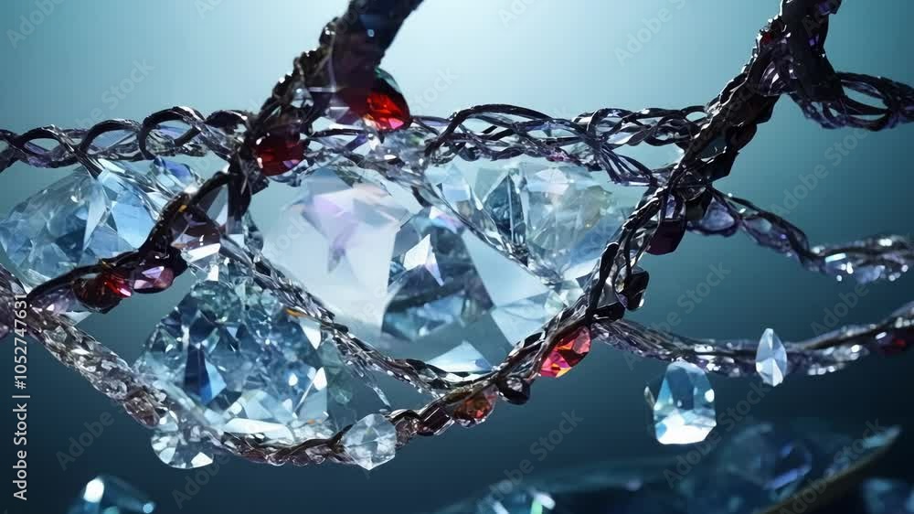 Poster surreal macro imagery showcases a crystal web gently waving against a blue background, highlighting 