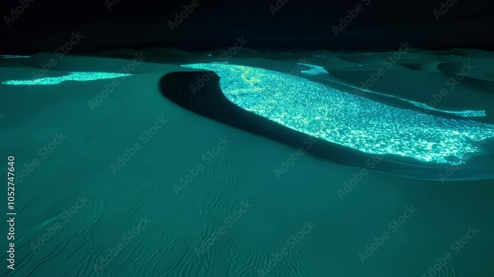 Poster turquoise light flows across a desert landscape at night, creating a surreal atmosphere. the animati