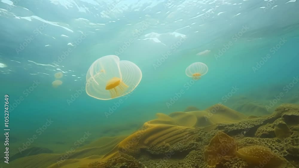 Poster delicate jellyfish gracefully navigate a surreal underwater landscape, their translucent bodies puls