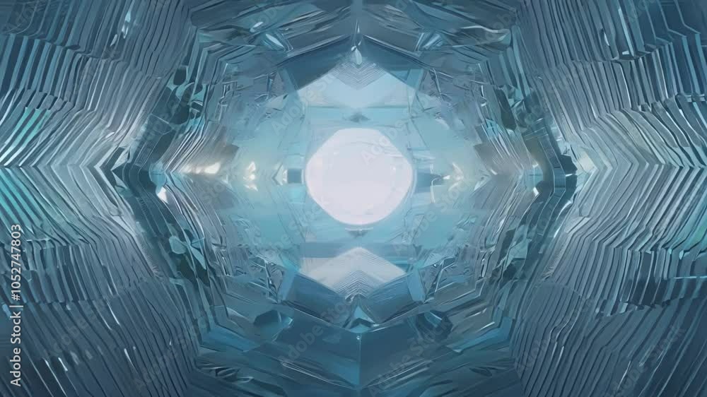 Aufkleber Light travels through a kaleidoscopic tunnel featuring a complex, reflective crystal structure. Geometric patterns and vibrant colors create a mesmerizing, futuristic atmosphere