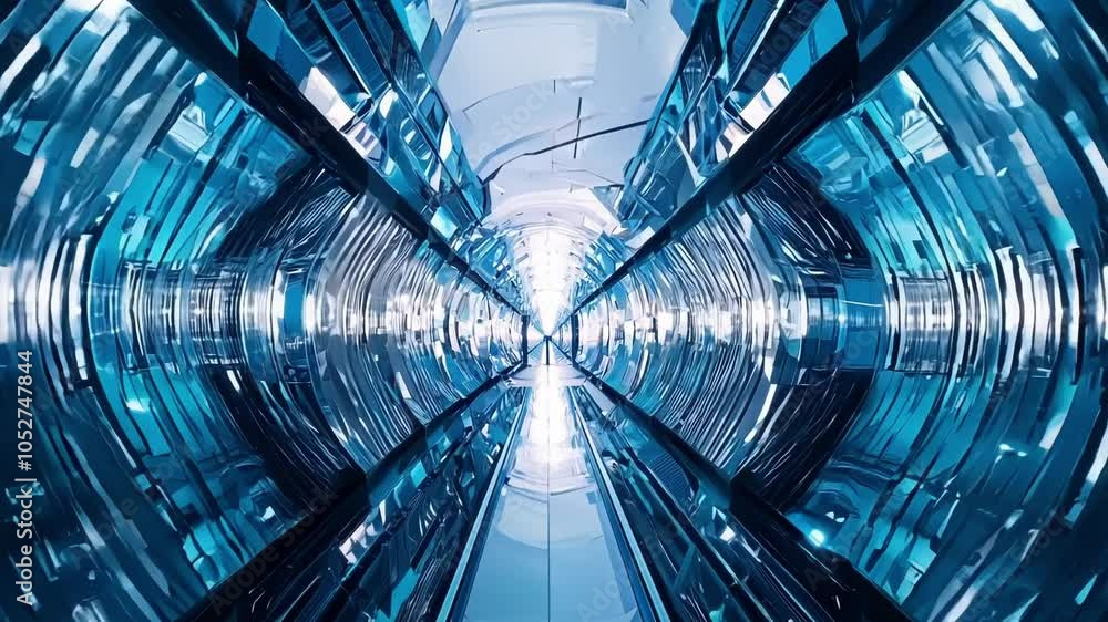 Poster camera moving through a futuristic blue glass tunnel with a bright light at its end. perfect for pro