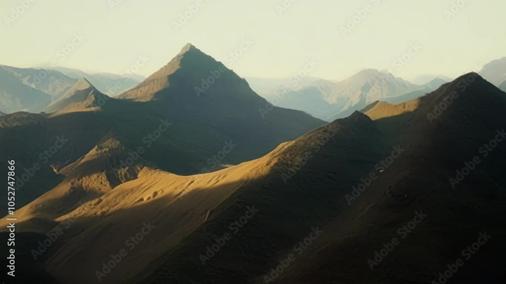 Aufkleber Sunlight illuminates a mountain peak, casting shadows that shift and change, creating a surreal and dreamlike atmosphere