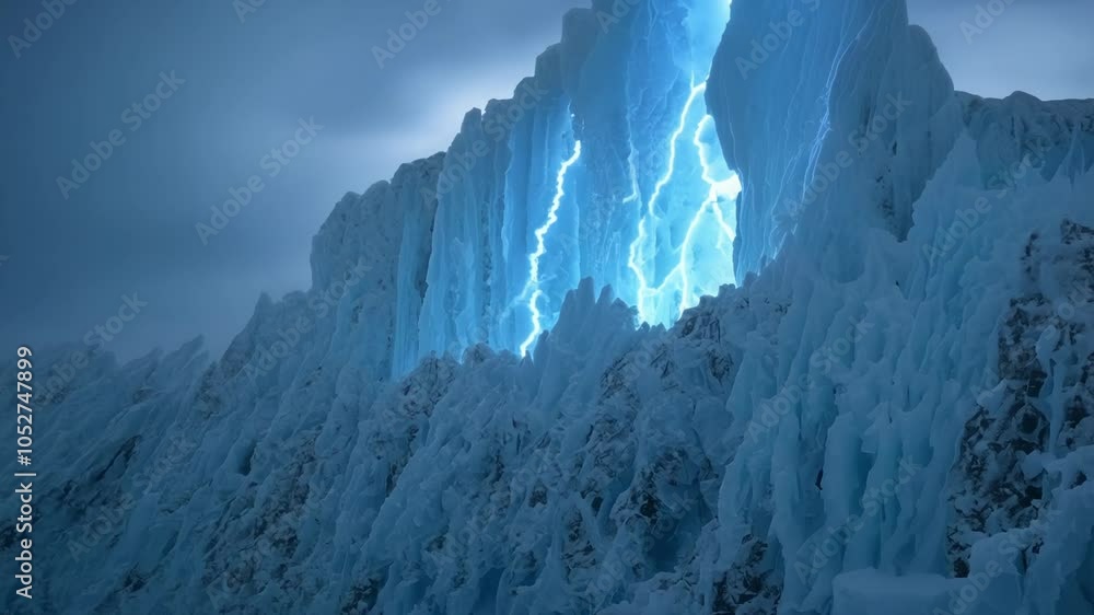 Poster Intense lightning strikes illuminate a vast, icy terrain, creating a stunning surreal visual effect. Captivating scene showcasing nature's raw power in a frozen landscape