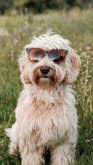 Title Small curly-haired dog wearing dark sunglasses standing on grass outdoors