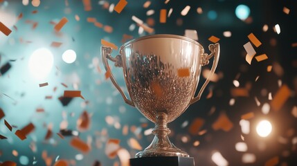 Celebratory trophy surrounded by colorful confetti at a festive event