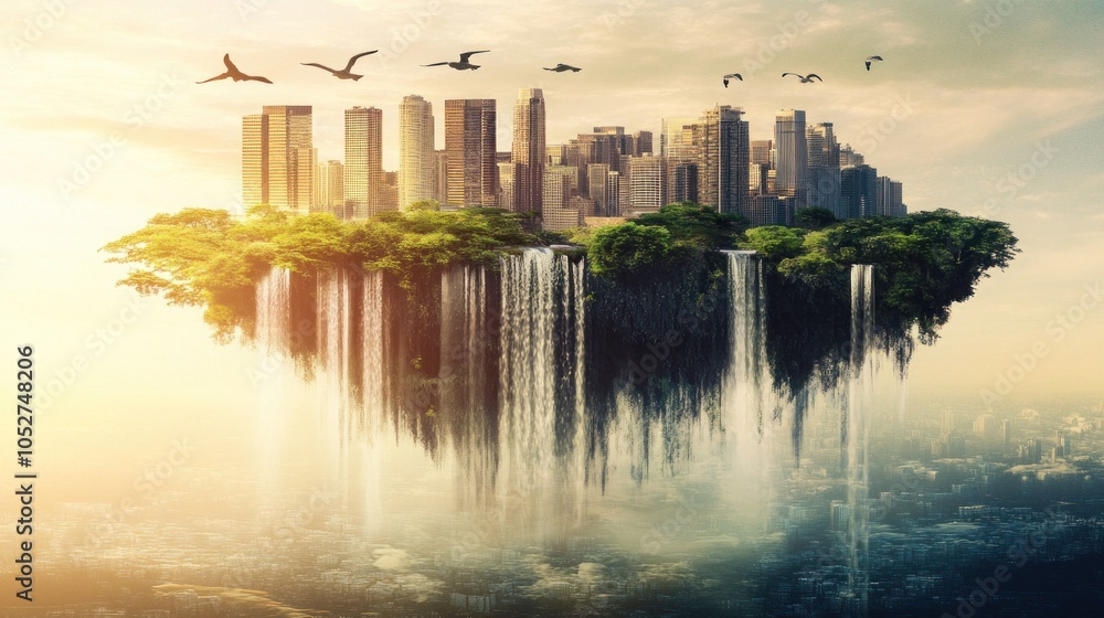 Poster a floating city with a waterfall in the clouds with birds flying over.