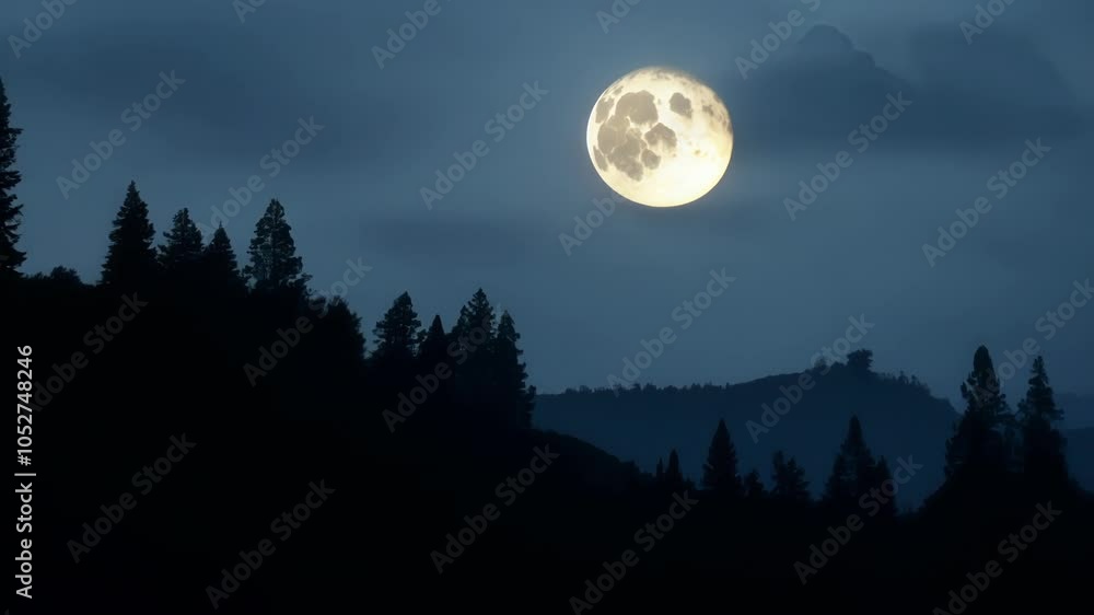 Aufkleber bright full moon moves up and down over a mountain surrounded by a forest, creating a surreal and ar