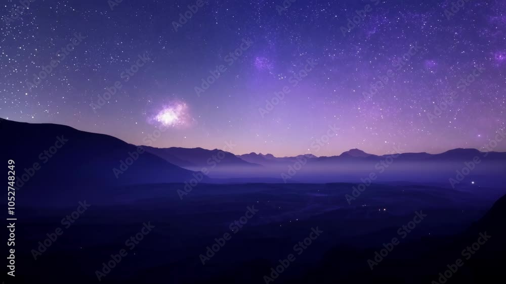 Poster Bright galaxy moves across the night sky, casting a surreal glow over a mountain range and valley, creating a captivating scene of cosmic beauty and tranquility