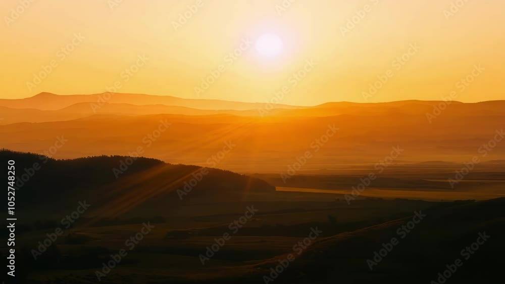 Poster sun setting over scenic rolling hills, casting golden rays and creating long shadows on the landscap