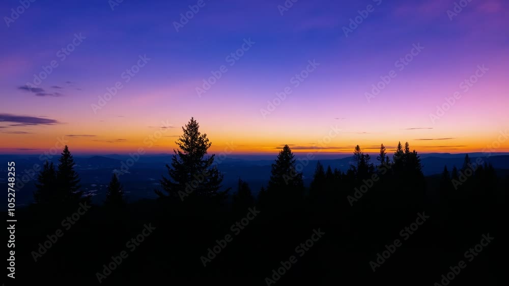 Poster vivid twilight colors transform over a forest, creating a surreal and dreamlike atmosphere filled wi
