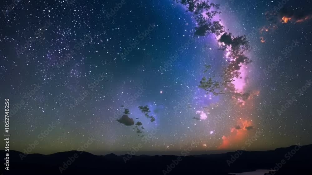 Poster Surreal milky way transforming over a mountain lake at night. The colors shift and change, creating a mesmerizing and otherworldly scene