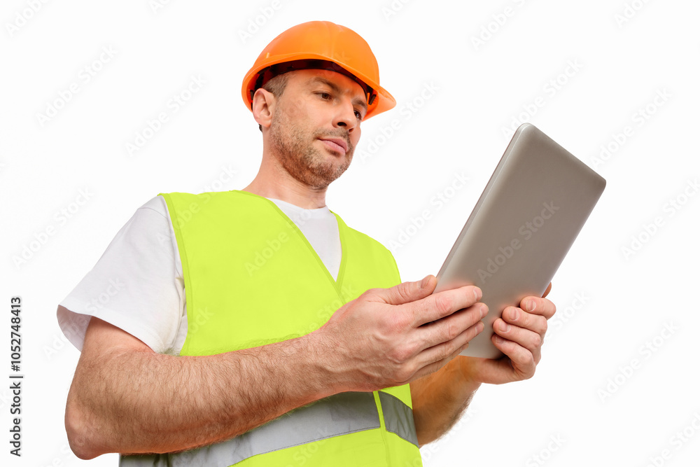 Aufkleber Serious Architect Using Digital Tablet Working On Construction Site Standing On White Studio Background. Building Project Concept. Low Angle