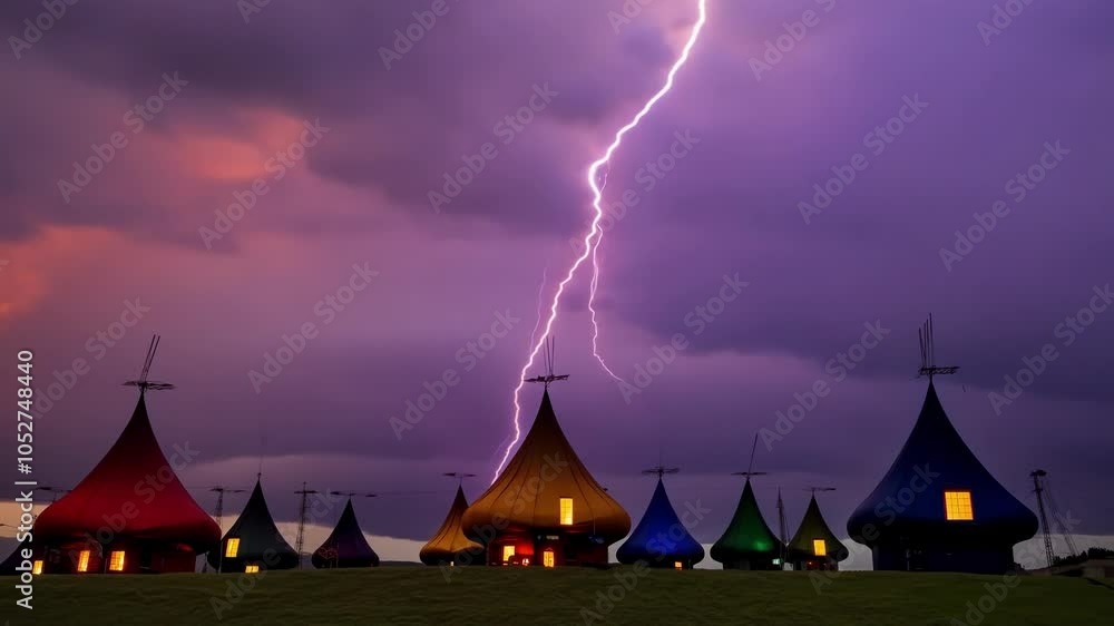 Aufkleber multiple lightning strikes illuminate a row of colorful houses with glowing windows. the surreal sce