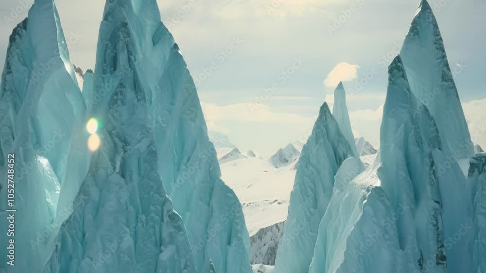 Poster sunlight streaming through surreal iceberg peaks creates a dreamlike landscape filled with snow and 
