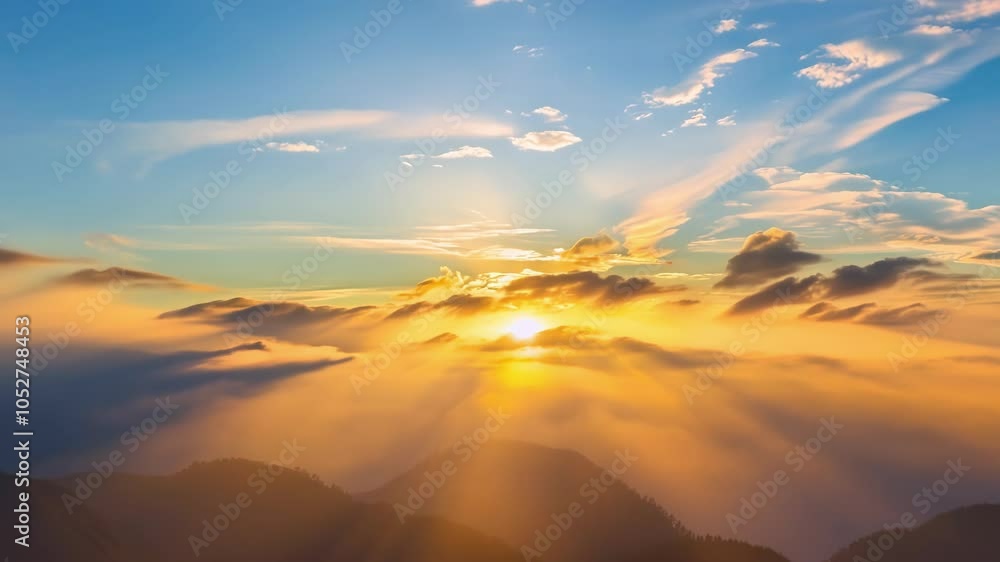 Poster sunlight streaming through clouds illuminates a majestic mountain range. rays of light cascade down,