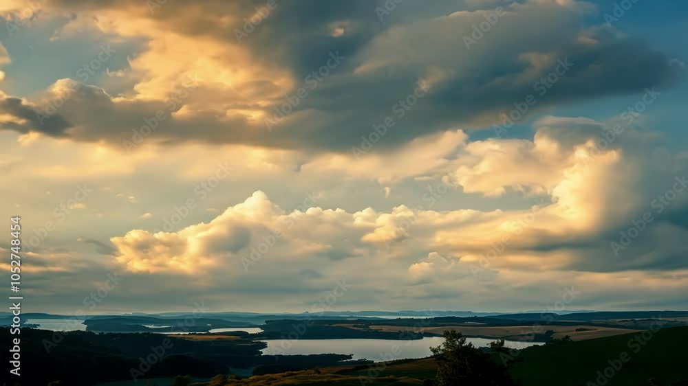 Poster Surreal cumulus clouds transform over a tranquil lake, surrounded by lush fields and rolling hills, creating a captivating landscape that showcases the beauty of nature