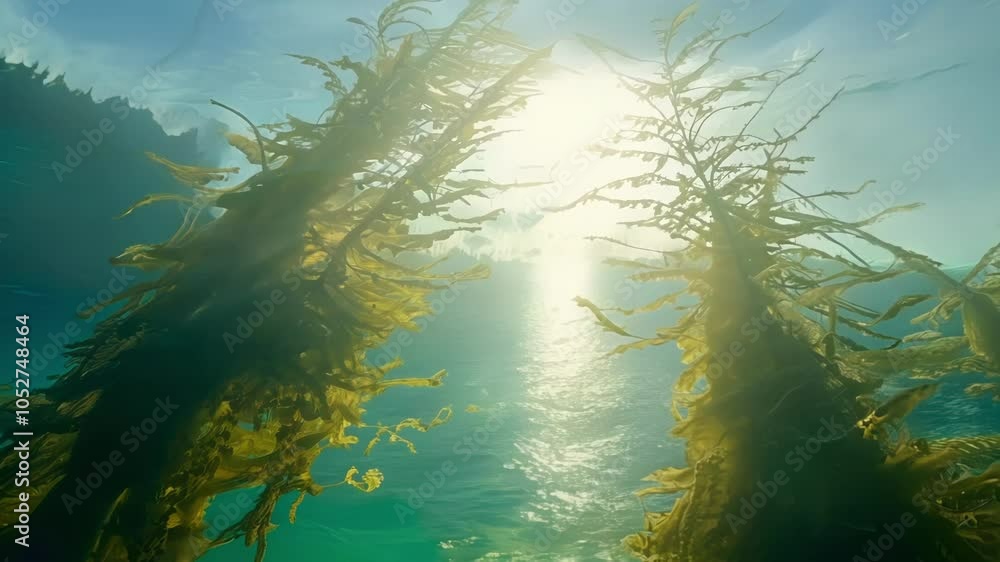 Aufkleber Sunlight shines through a kelp forest as the water level gradually lowers, creating a surreal transition from ocean to atmosphere