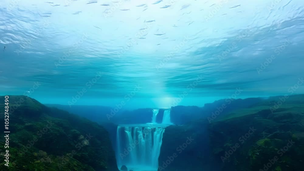 Poster water flows from an underwater waterfall. bubbles and fish float by as the camera slowly pans upward