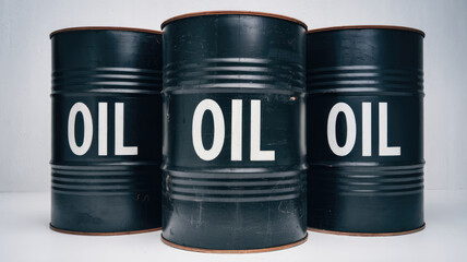 Three black barrels of oil are stacked on top of each other. The barrels are black and have white letters that say "oil" on them. Concept of industry and importance