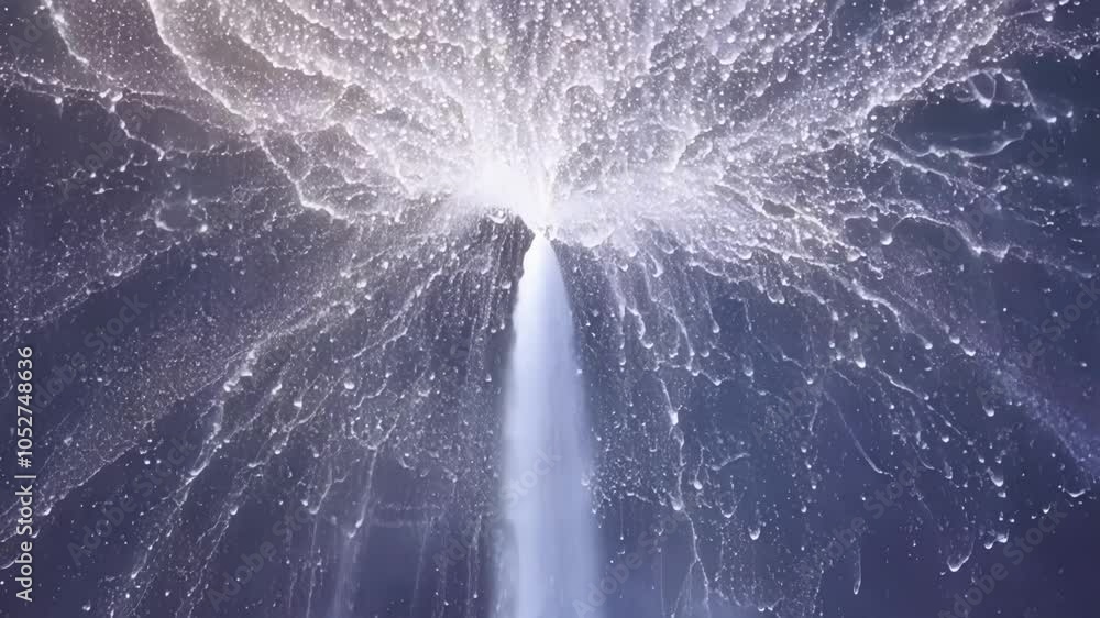 Poster Powerful water from a cascading waterfall transforms into a stunning abstract shape, with droplets creating mesmerizing patterns that capture the beauty of nature's flow