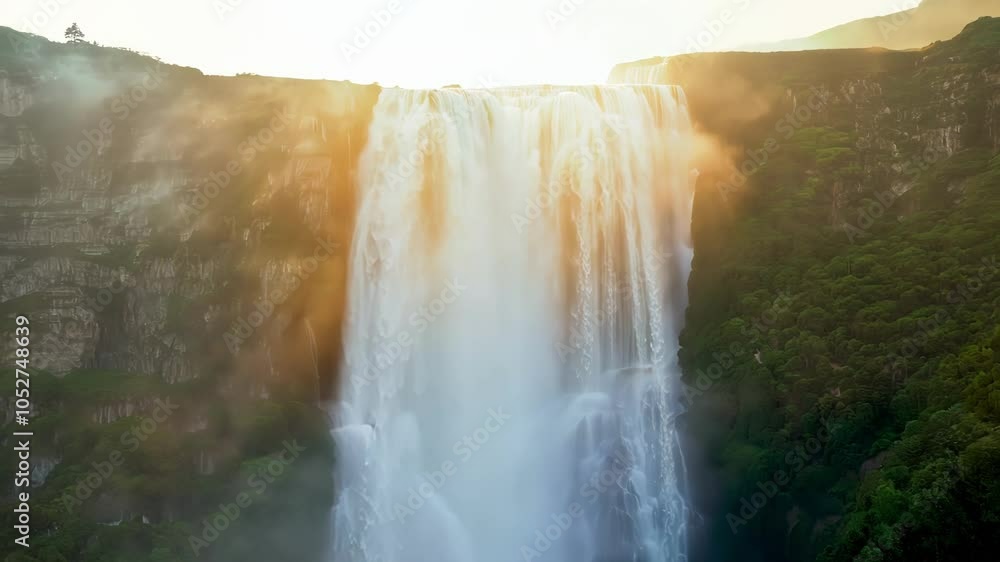 Aufkleber sunlight illuminating a powerful waterfall cascading down a mountainside creates a surreal golden li