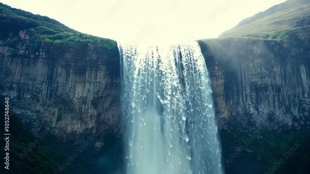 Poster surreal scenery showcases water cascading over a sheer cliff face, creating a mesmerizing display of