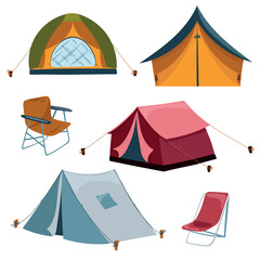 Colorful cartoon camping tents collection on white background
