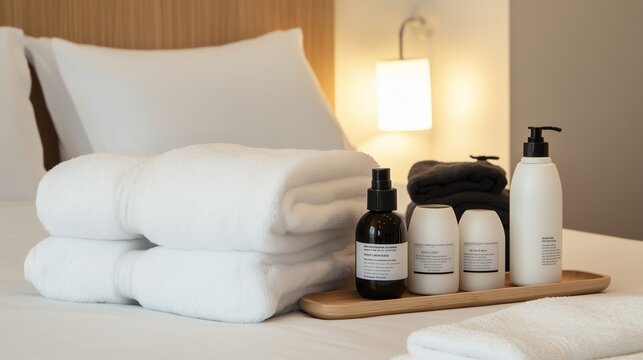 Cozy hotel room setup with soft towels and premium toiletries on a wooden tray near neatly arranged bed linens