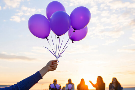 hands holding purple balloon release at sunset, silhouetted figures below, epilepsy awareness gathering