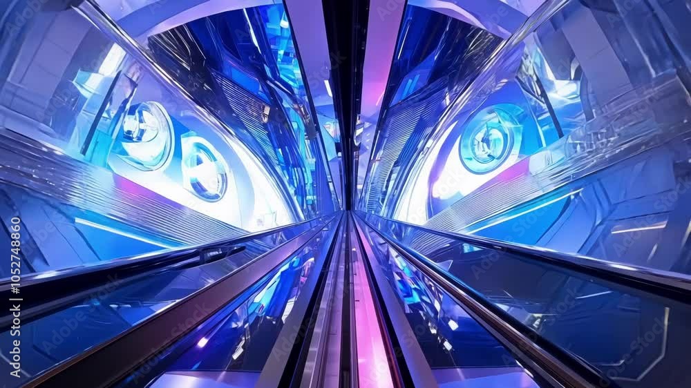 Poster glass corridor featuring metallic blue and purple reflections creates a surreal, futuristic atmosphe