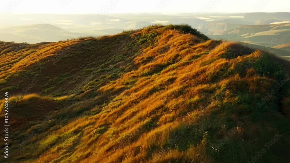 Poster Golden hills with elongated shadows slide to the right, unveiling a surreal landscape filled with vibrant colors and dreamlike elements, creating an imaginative and bizarre scene