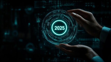 Business Plan 2025 Strategy  Close-up of a hand holding a stylus pointing towards a glowing  2025  with surrounding business-related holographic icons such as charts