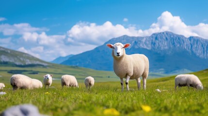 Obraz premium Sheep Grazing in Scenic Mountain Pasture, Rural and Agricultural Landscape Concept
