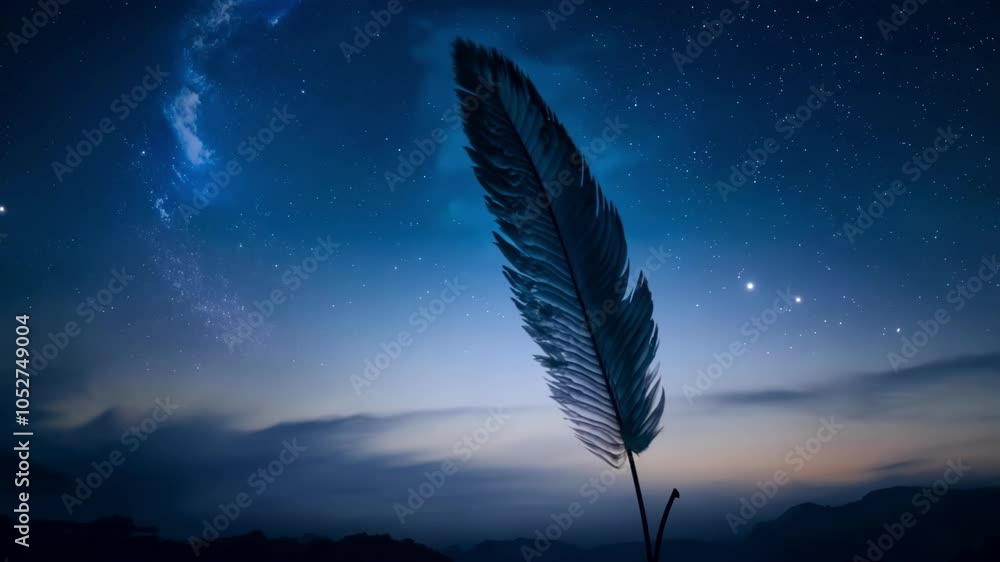 Poster surreal scene of a feather writing with stars on a blue night sky. the feather is in the foreground 