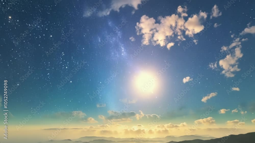 Poster surreal cloudscape forming over mountain peaks with the milky way and sun rising, creating a breatht
